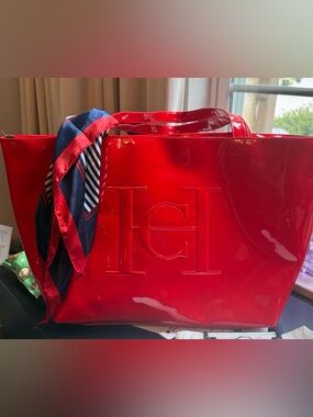 Carolina Herrera Red Patent Tote with Scarf Detail